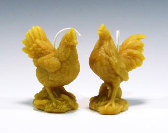 Barnyard Chicken Candles (2), Rustic Farm Candle, Rooster Candle, Woodland Candle, Beeswax Candle, Country Wedding Candle, Carved Chickens