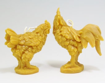 Beeswax Chicken Candle Pair: Rustic Farmhouse Rooster and Hen