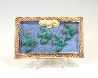 Hand Built Ceramic Fish and Shell Tile Fish Tile Decorative Ceramic Tile Ceramic Wall Hanging Shell Tile Ceramic Relief Tile Bas Relief Tile