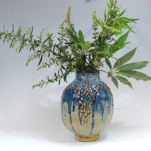 Coil Built Ceramic Vase: Blue and White Textured Pottery