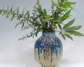 Coil Built Ceramic Vase: Blue and White Textured Pottery