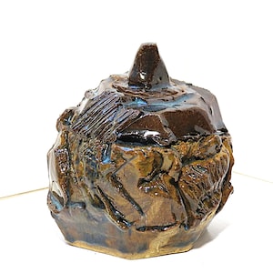 May include: A handcrafted, brown ceramic jar with a lid. The jar has a textured, organic shape with a dark brown glaze and blue accents. The lid features a small, pointed knob. This decorative piece is suitable for home decor.
