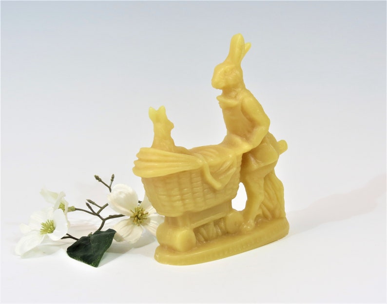 Beeswax Mother Rabbit Pushing Baby Rabbit in a Carriage Cast using Antique Chocolate Mold New Born Baby Shower Baby Carriage Easter Bunny image 2