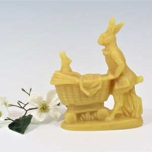 Beeswax Mother Rabbit Pushing Baby Rabbit in a Carriage Cast using Antique Chocolate Mold New Born Baby Shower Baby Carriage Easter Bunny image 1