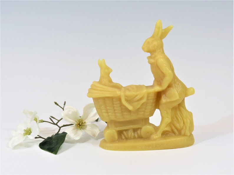 Beeswax Mother Rabbit Pushing Baby Rabbit in a Carriage Cast using Antique Chocolate Mold New Born Baby Shower Baby Carriage Easter Bunny image 1