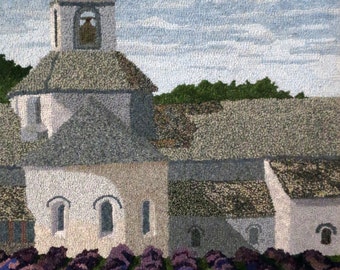 Hand Hooked Rug: Sénanque Abbey Lavender Field, Fiber Art Wall Hanging