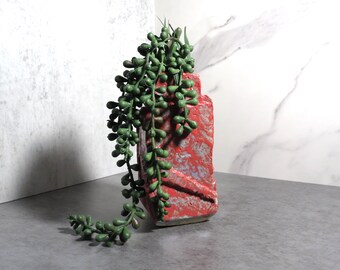 Red Carved Ceramic Sculpture: Handmade Kurinuki Stoneware Bud Vase