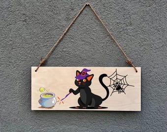 Witch Cat Halloween Sign: Spooky Cauldron Wooden Plaque