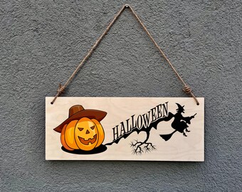 Halloween Pumpkin Witch Sign: Spooky UV Printed Birch Wood Decor