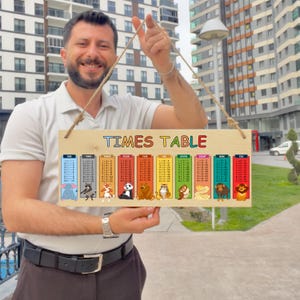 May include: Wooden times table sign with colorful text and animal illustrations. The sign displays multiplication facts from one to ten, with each section featuring a different animal. The sign is held by a person.