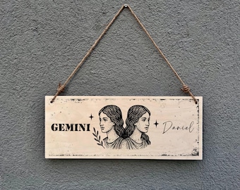 Placa personalizada del signo zodiacal Géminis: Arte de pared rústico de madera con el horóscopo