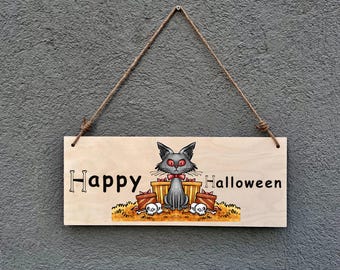 Bord Halloween Black Cat: spookachtig houten deurdecor