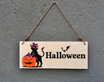 Set Decorazioni Halloween In Legno – Gatto Nero, Pipistrello, Zucca E Cartello BOO Con Corde Per Porta E Parete