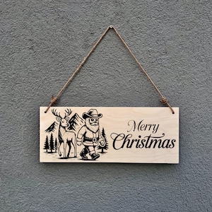 Rustic Santa Reindeer Christmas Sign: Farmhouse Birch Wood Holiday Decor