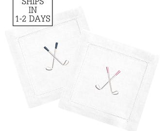 Golf Embroidered Linen Cocktail Napkins |  Cloth Beverage Coasters | Linen Beverage Bar Napkins | Gift for Golf Lovers | Golf Party Napkin