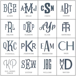 May include: A grid of 12 blue and white monogrammed designs. Each design features a different combination of two or three letters. The names of each design are listed below the monogram.