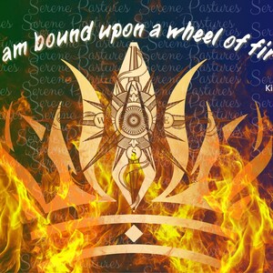 May include: An artistic design featuring a crown and flames, with the quote "I am bound upon a wheel of fire" from King Lear. The artwork uses warm colors like orange and yellow, set against a gradient background.