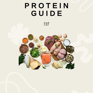 Könnte beinhalten: Ein Leitfaden für Protein mit dem Text "Protein Guide 101" auf einem beigefarbenen Hintergrund. Das Bild zeigt eine Vielzahl von Proteinquellen, darunter Fleisch, Fisch, Eier, Nüsse und Bohnen.