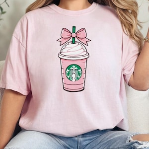 Starbies Iced Coffee Comfort Colors T-Shirt, Pink Bow, Coffee Lover Tee