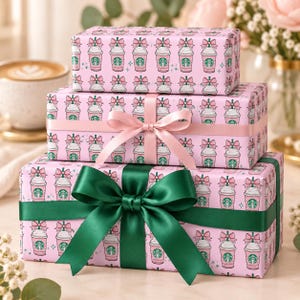 Pink Iced Coffee Wrapping Paper, Coquette Coffee Lover Gift Wrap, Bow and Star Birthday Paper for Teen Girls image 4