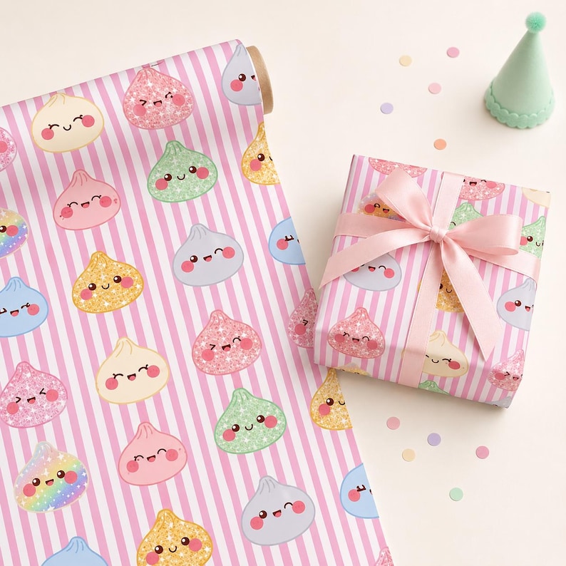 May include: Wrapping paper roll and a gift box wrapped in paper featuring a pattern of cute, smiling, glittery dumpling characters on a background of vertical pink and white stripes. The gift box is tied with a light pink satin ribbon bow.