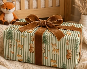 Woodland Animal Wrapping Paper, Forest Birthday Gift Wrap, Neutral Baby Shower Paper, Deer Bear Fox Kids Gift Wrap