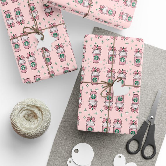 Pink Iced Coffee Wrapping Paper, Coquette Coffee Lover Gift Wrap, Bow and Star Birthday Paper for Teen Girls