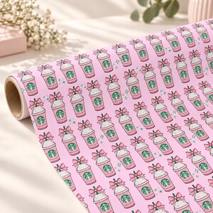 Pink Iced Coffee Wrapping Paper, Coquette Coffee Lover Gift Wrap, Bow and Star Birthday Paper for Teen Girls image 5