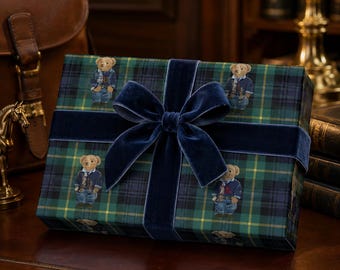 Preppy Plaid Teddy Bear Wrapping Paper, Baby Boy Shower Gift Wrap, Navy Green Tartan Birthday Paper, Classic Bear Gift Wrap
