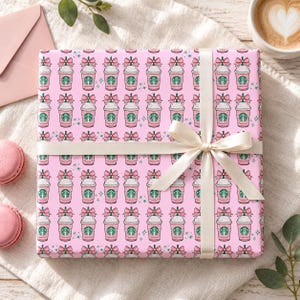 Pink Iced Coffee Wrapping Paper, Coquette Coffee Lover Gift Wrap, Bow and Star Birthday Paper for Teen Girls image 3