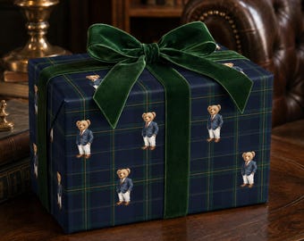 Lauren Plaid Bear Wrapping Paper,  Designer Teddy Bear Baby Shower Gift Wrap