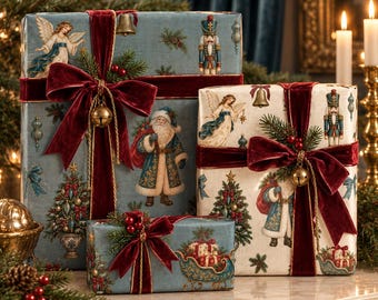 Patina Blue Santa Gift Wrap, Vintage Christmas Wrapping Paper, Luxury Nutcracker and Angel Holiday Paper