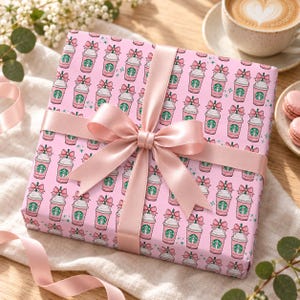 Pink Iced Coffee Wrapping Paper, Coquette Coffee Lover Gift Wrap, Bow and Star Birthday Paper for Teen Girls image 1