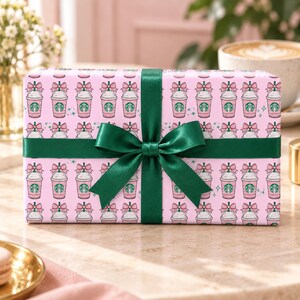 Pink Iced Coffee Wrapping Paper, Coquette Coffee Lover Gift Wrap, Bow and Star Birthday Paper for Teen Girls image 2