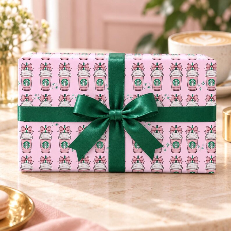 Pink Iced Coffee Wrapping Paper, Coquette Coffee Lover Gift Wrap, Bow and Star Birthday Paper for Teen Girls image 2