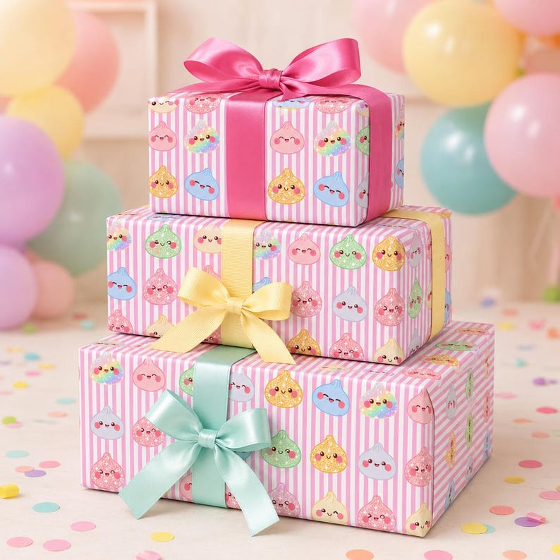 May include: Three stacked gift boxes wrapped in light pink and white striped paper featuring a repeating pattern of colorful, smiling cartoon dumplings. Each box is tied with a smooth satin ribbon in bright pink, pale yellow, and mint green.