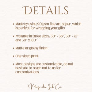 May include: An informational graphic titled DETAILS listing product specifications: 90 gsm fine art paper, three sizes of 30 inches by 36 inches, 30 inches by 72 inches, and 30 inches by 180 inches, matte or glossy finish, one-sided print, and customization.
