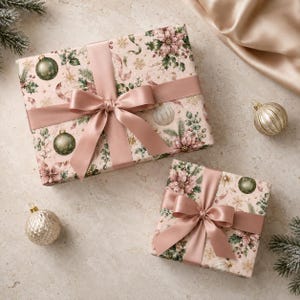 May include: Two rectangular gift boxes wrapped in light pink paper featuring a pattern of green ornaments, poinsettias, and pine branches. Each box is tied with a wide, smooth, dusty rose satin ribbon finished with a large, centered bow.