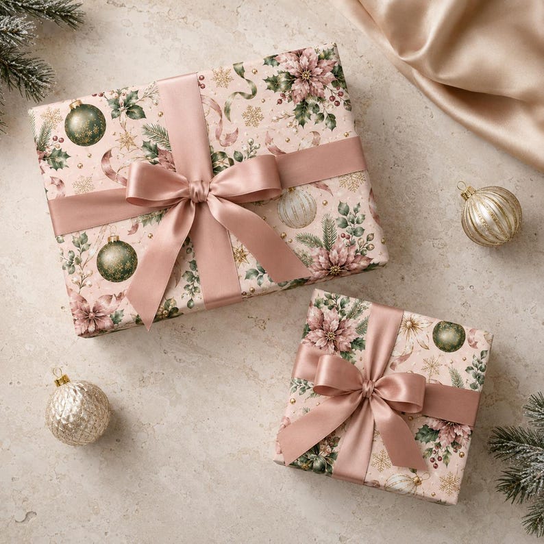 May include: Two rectangular gift boxes wrapped in light pink paper featuring a pattern of green ornaments, poinsettias, and pine branches. Each box is tied with a wide, smooth, dusty rose satin ribbon finished with a large, centered bow.