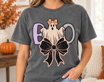 Halloween-Shirt mit Geistermotiv aus Spitze und in angenehmen Farben, verspieltes Schleifen-T-Shirt für die Gruselsaison, süßes, adrettes Geister-T-Shirt, Herbstgeschenk für Sie