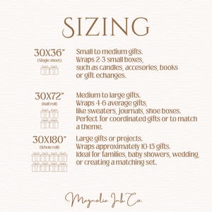May include: An informational sizing chart for gift wrap with the title SIZING and the brand name Magnolia Ink Co. at the bottom. It lists three options: 30x36 inches for small gifts, 30x72 inches for medium gifts, and 30x180 inches for large gifts.