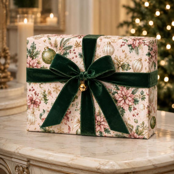 Pink Poinsettia Christmas Wrapping Paper, Vintage Floral Holiday Gift Wrap, Grandmillennial Botanical Christmas Paper