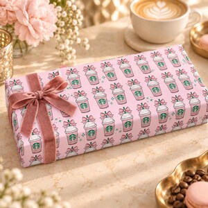 Pink Iced Coffee Wrapping Paper, Coquette Coffee Lover Gift Wrap, Bow and Star Birthday Paper for Teen Girls image 6