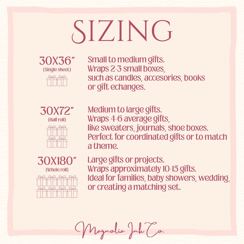 May include: A sizing chart for gift wrap with the title SIZING and the brand name Magnolia Ink Co. It lists three options: 30x36 inches for small to medium gifts, 30x72 inches for medium to large gifts, and 30x180 inches for large gifts or projects.