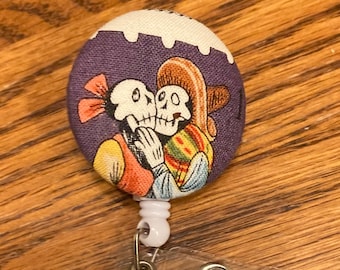 Loteria Bride, Ballet, Folklorico,  Mexican Dancers Retractable ID Badge Reel Holder Ready to Ship Alexander Henry Cartas Marcadas