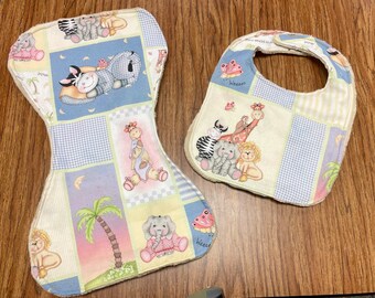 Zoo Animals Baby Bib and Burp Pad Set Baby Gift Baby Shower