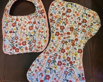 Neutral Earthy Botanical Garden Flowered Baby Bib and Burp Pad Set Baby Gift Baby Shower