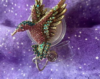 Rhinestone Humming Bird Badge Reel, Retractable ID Holder Reel, Name Clip, Nurse, Doctor, Teacher Gift