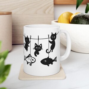 Black and White Cat and Fish Mug: 11oz or 15oz Ceramic Coffee Cup