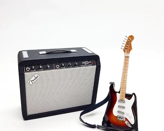 Guitarra eléctrica Sunburst en miniatura con amplificador – Madera artesanal a escala 1:12 – Set coleccionable para figuras de acción y decoración